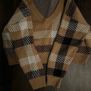 SHEIN Brown and Black V-Neck Sweater with Plaid Design